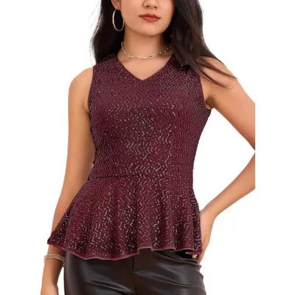 GRACE KARIN Womens Sleeveless Sparkle Sequin Tops VNeck Cami Sexy Club Tank TopWavewine Red