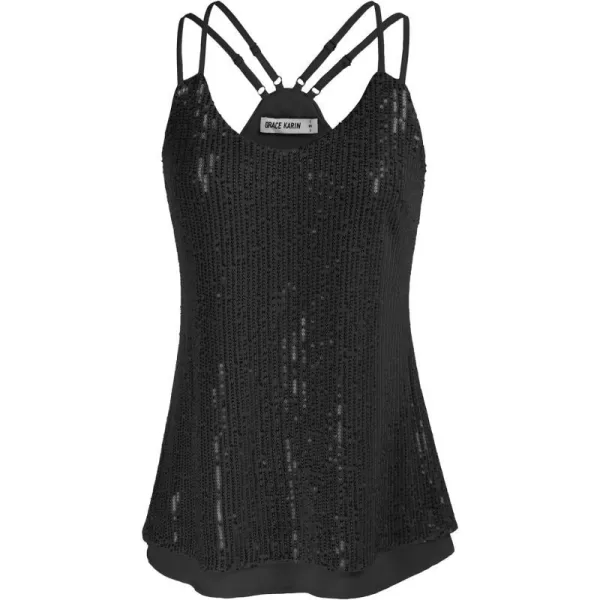 GRACE KARIN Womens Sleeveless Sparkle Shimmer Camisole Vest Double Strap Sequin Tank TopsBlack Double Strap