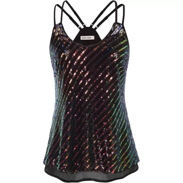 GRACE KARIN Womens Sleeveless Sparkle Shimmer Camisole Vest Double Strap Sequin Tank TopsBlackblue