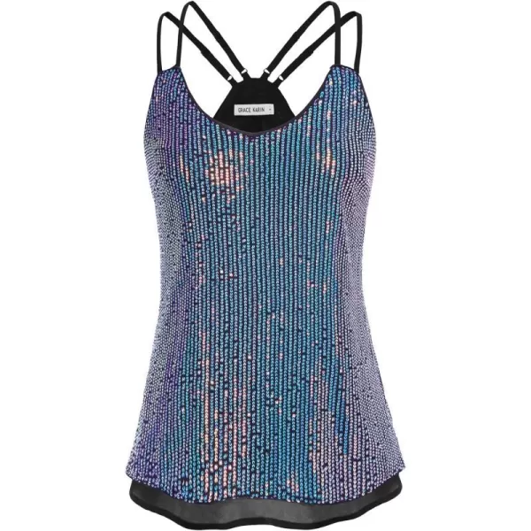 GRACE KARIN Womens Sleeveless Sparkle Shimmer Camisole Vest Double Strap Sequin Tank TopsBlue on Black