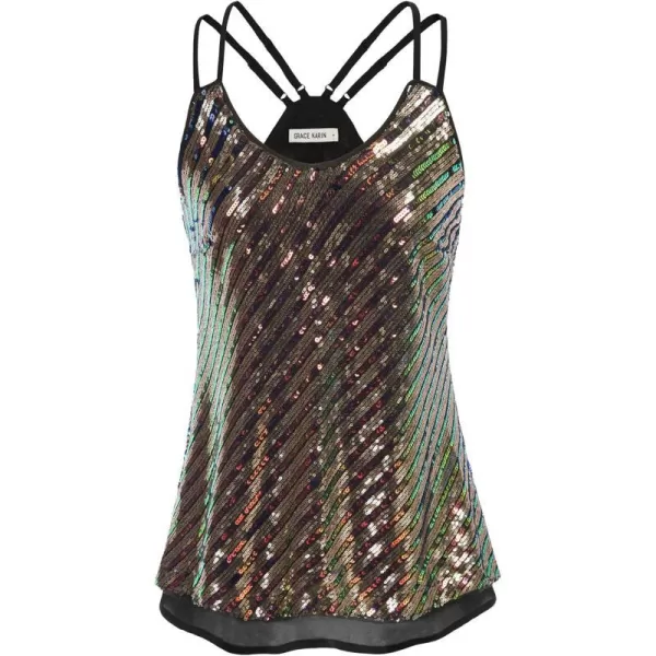 GRACE KARIN Womens Sleeveless Sparkle Shimmer Camisole Vest Double Strap Sequin Tank TopsBluegold