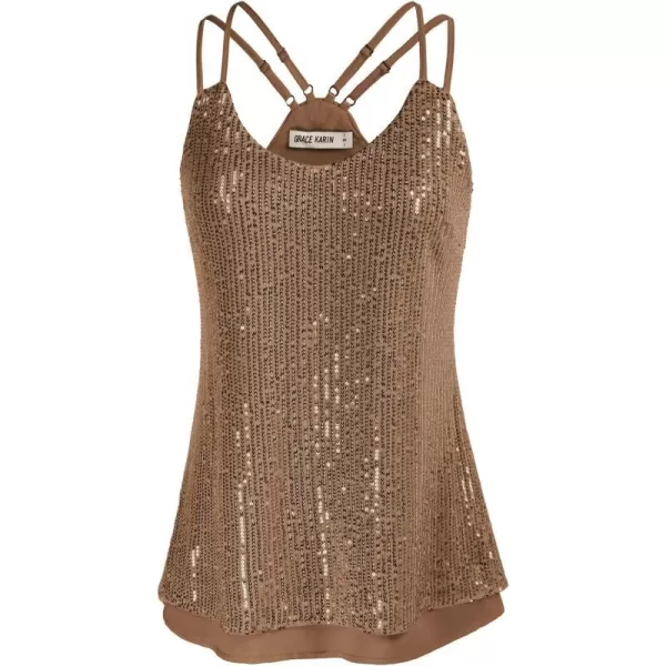 GRACE KARIN Womens Sleeveless Sparkle Shimmer Camisole Vest Double Strap Sequin Tank TopsCoffee