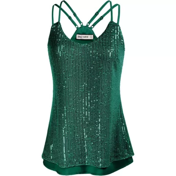 GRACE KARIN Womens Sleeveless Sparkle Shimmer Camisole Vest Double Strap Sequin Tank TopsDark Green