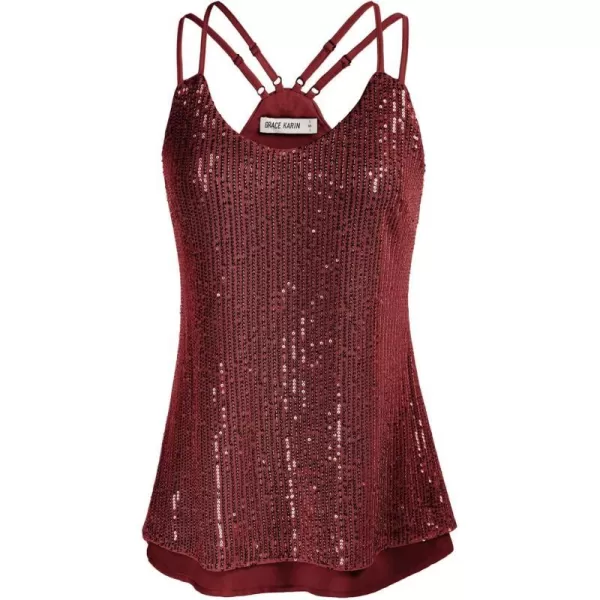 GRACE KARIN Womens Sleeveless Sparkle Shimmer Camisole Vest Double Strap Sequin Tank TopsDouble Wine Red