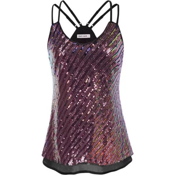 GRACE KARIN Womens Sleeveless Sparkle Shimmer Camisole Vest Double Strap Sequin Tank TopsGold Red