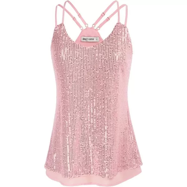 GRACE KARIN Womens Sleeveless Sparkle Shimmer Camisole Vest Double Strap Sequin Tank TopsPink Double Strap