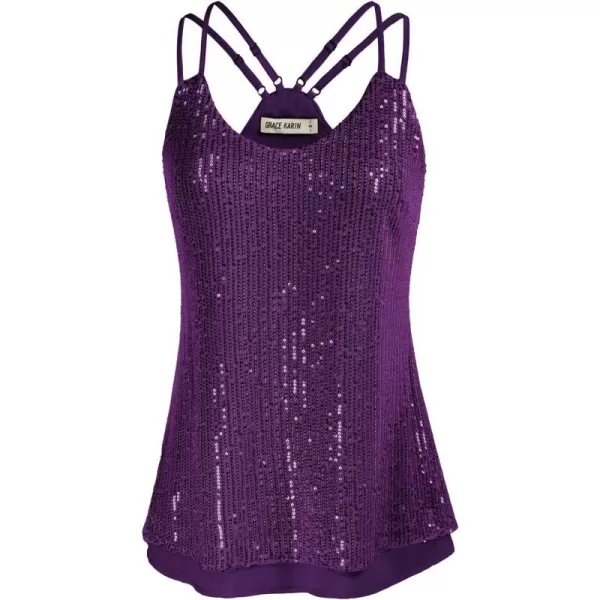 GRACE KARIN Womens Sleeveless Sparkle Shimmer Camisole Vest Double Strap Sequin Tank TopsPurple