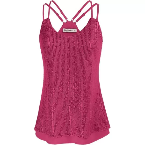 GRACE KARIN Womens Sleeveless Sparkle Shimmer Camisole Vest Double Strap Sequin Tank TopsRose Red