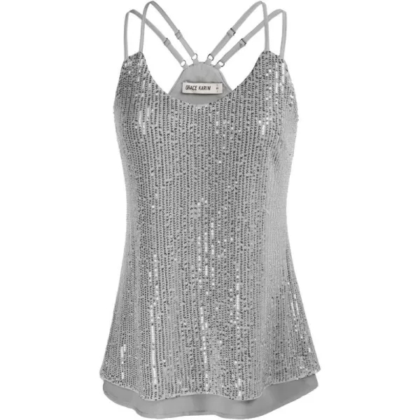 GRACE KARIN Womens Sleeveless Sparkle Shimmer Camisole Vest Double Strap Sequin Tank TopsSilver Grey