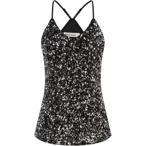 GRACE KARIN Womens Sleeveless Sparkle Shimmer Camisole Vest Sequin Tank TopsBlack Tops