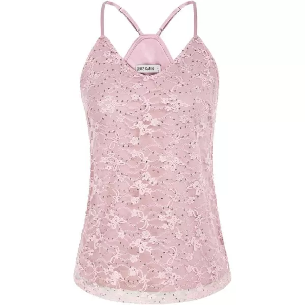 GRACE KARIN Womens Sleeveless Sparkle Shimmer Camisole Vest Sequin Tank TopsLace Pink