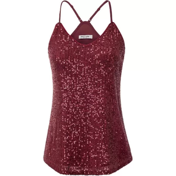 GRACE KARIN Womens Sleeveless Sparkle Shimmer Camisole Vest Sequin Tank TopsWine Red