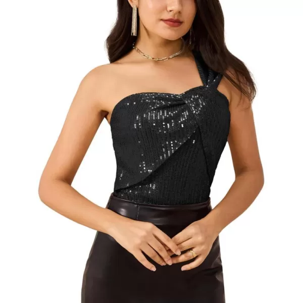 GRACE KARIN Womens Sleeveless Sparkle Shimmer One Shoulder Twist Knot Sequin Tank TopsBlack