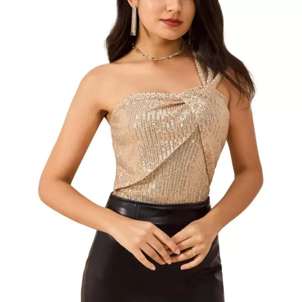 GRACE KARIN Womens Sleeveless Sparkle Shimmer One Shoulder Twist Knot Sequin Tank TopsChampagne