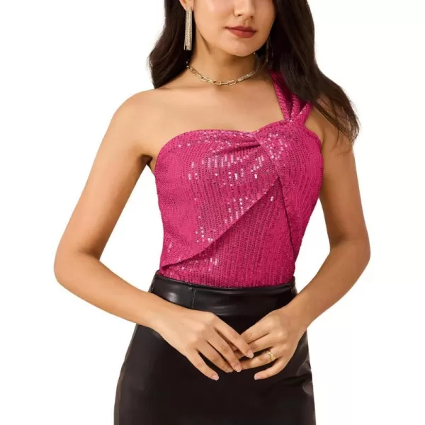 GRACE KARIN Womens Sleeveless Sparkle Shimmer One Shoulder Twist Knot Sequin Tank TopsRose Red