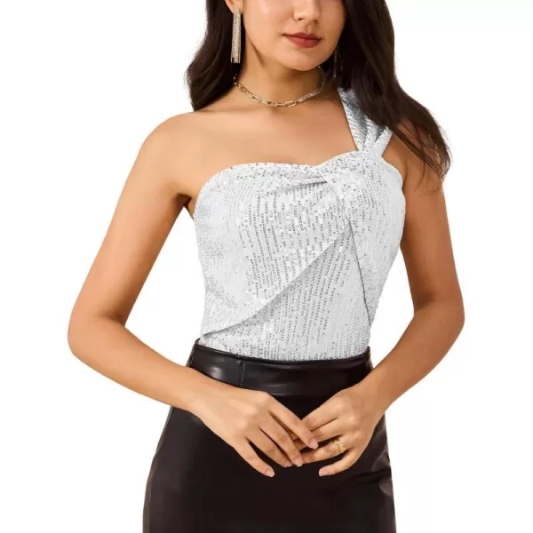 GRACE KARIN Womens Sleeveless Sparkle Shimmer One Shoulder Twist Knot Sequin Tank TopsSilver White