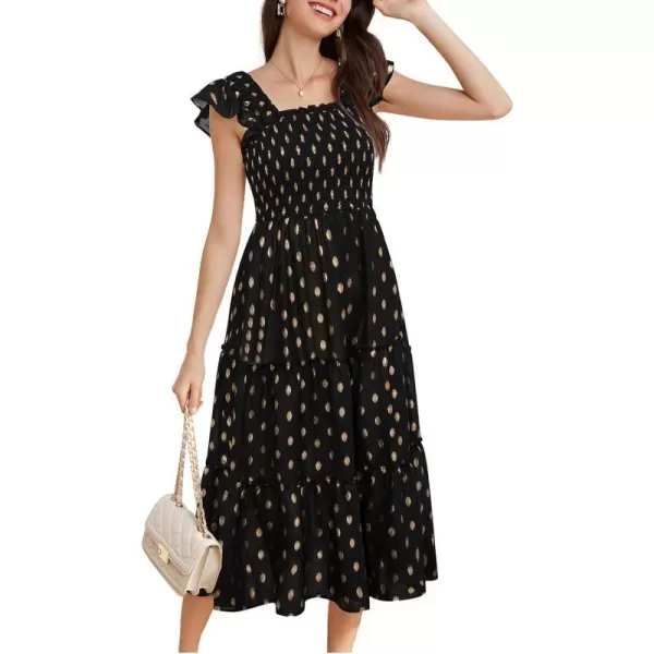 GRACE KARIN Womens Smocked Flowy Summer Dresses A Line Square Neck Flutter Sleeve Ruffle Tiered Polka Dot Cocktail DressBlack