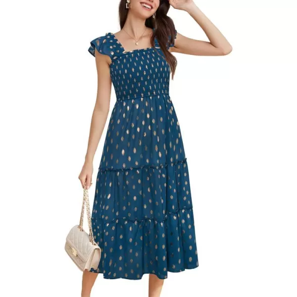 GRACE KARIN Womens Smocked Flowy Summer Dresses A Line Square Neck Flutter Sleeve Ruffle Tiered Polka Dot Cocktail DressBlue Green