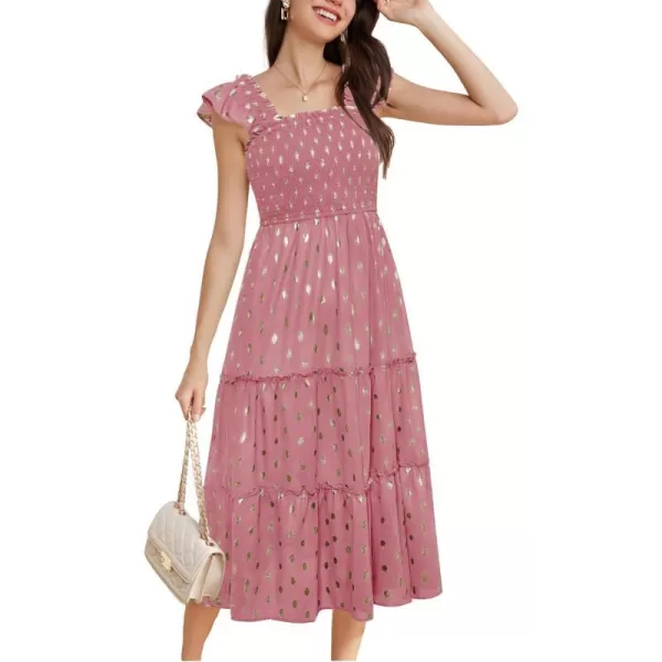 GRACE KARIN Womens Smocked Flowy Summer Dresses A Line Square Neck Flutter Sleeve Ruffle Tiered Polka Dot Cocktail DressPink