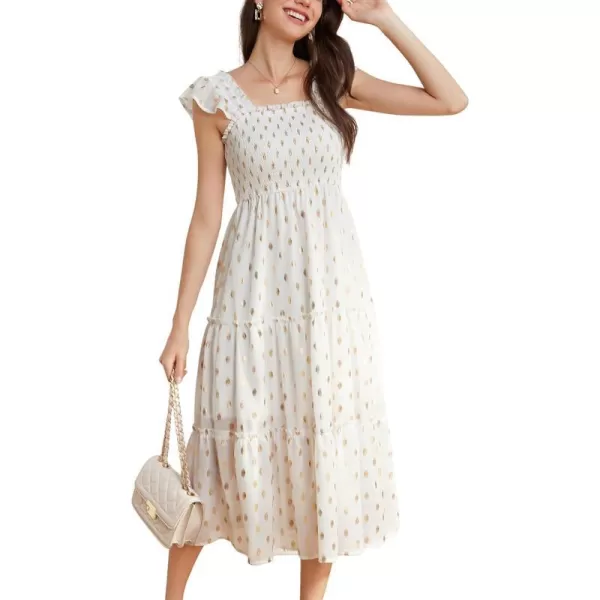 GRACE KARIN Womens Smocked Flowy Summer Dresses A Line Square Neck Flutter Sleeve Ruffle Tiered Polka Dot Cocktail DressWhite