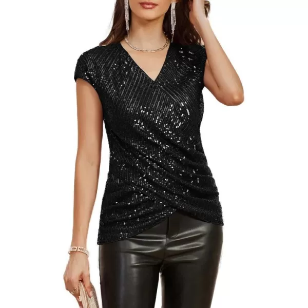 GRACE KARIN Womens Sparkle Sequin Top Shimmer Glitter Blouse Twist Front V Neck Cap Sleeve Club Party ShirtBlack