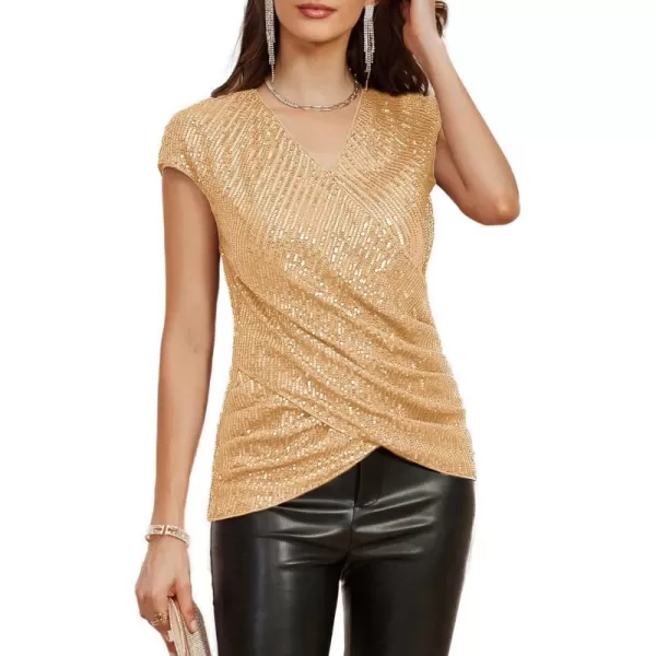 GRACE KARIN Womens Sparkle Sequin Top Shimmer Glitter Blouse Twist Front V Neck Cap Sleeve Club Party ShirtChampagne