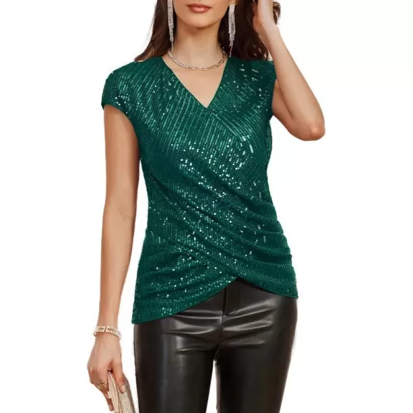 GRACE KARIN Womens Sparkle Sequin Top Shimmer Glitter Blouse Twist Front V Neck Cap Sleeve Club Party ShirtDark Green