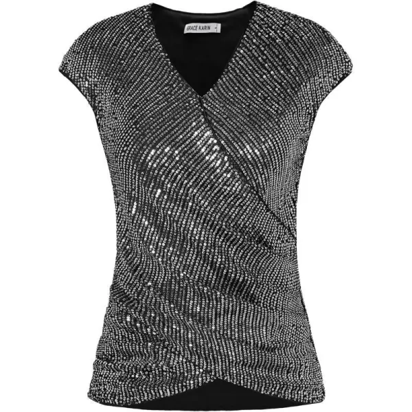 GRACE KARIN Womens Sparkle Sequin Top Shimmer Glitter Blouse Twist Front V Neck Cap Sleeve Club Party ShirtDark Grey