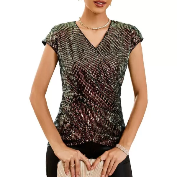 GRACE KARIN Womens Sparkle Sequin Top Shimmer Glitter Blouse Twist Front V Neck Cap Sleeve Club Party ShirtDazzlingblack