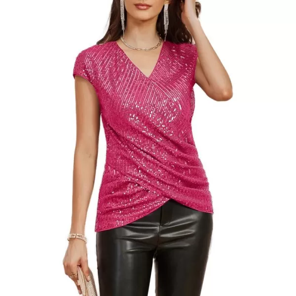 GRACE KARIN Womens Sparkle Sequin Top Shimmer Glitter Blouse Twist Front V Neck Cap Sleeve Club Party ShirtHot Pink