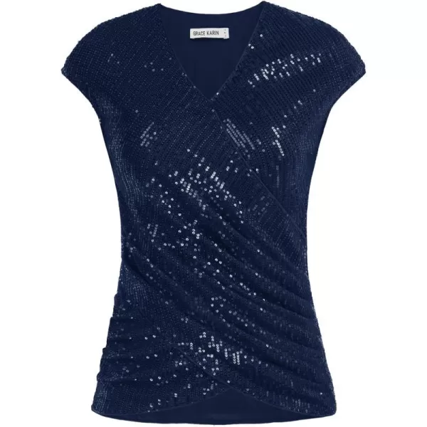 GRACE KARIN Womens Sparkle Sequin Top Shimmer Glitter Blouse Twist Front V Neck Cap Sleeve Club Party ShirtNavy Blue