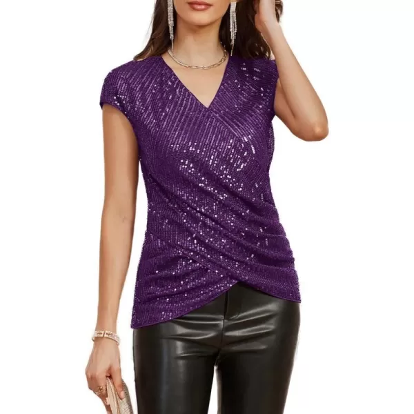 GRACE KARIN Womens Sparkle Sequin Top Shimmer Glitter Blouse Twist Front V Neck Cap Sleeve Club Party ShirtPurple