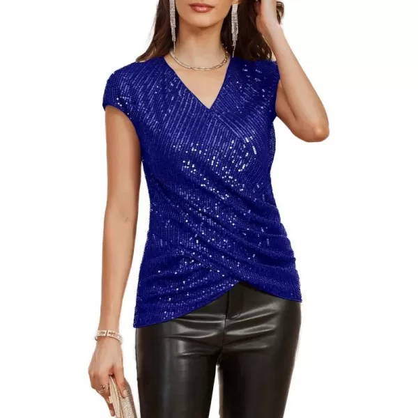 GRACE KARIN Womens Sparkle Sequin Top Shimmer Glitter Blouse Twist Front V Neck Cap Sleeve Club Party ShirtRoyal Blue