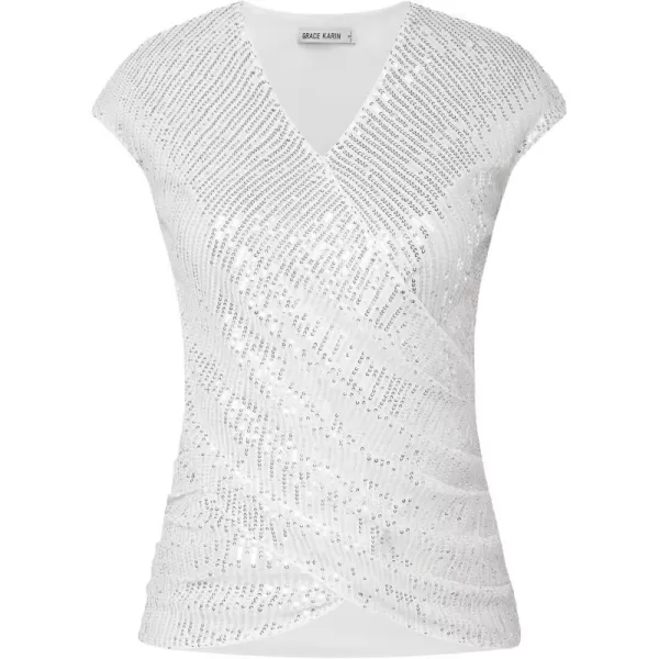 GRACE KARIN Womens Sparkle Sequin Top Shimmer Glitter Blouse Twist Front V Neck Cap Sleeve Club Party ShirtSilver White