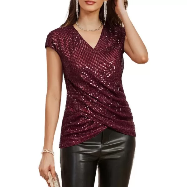 GRACE KARIN Womens Sparkle Sequin Top Shimmer Glitter Blouse Twist Front V Neck Cap Sleeve Club Party ShirtWine Red