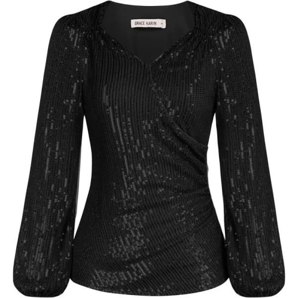 GRACE KARIN Womens Sparkly Sequin Top Long Sleeves Glitter Blouse V Neck Ruched Sparkle Dressy Party Club TopsBlack