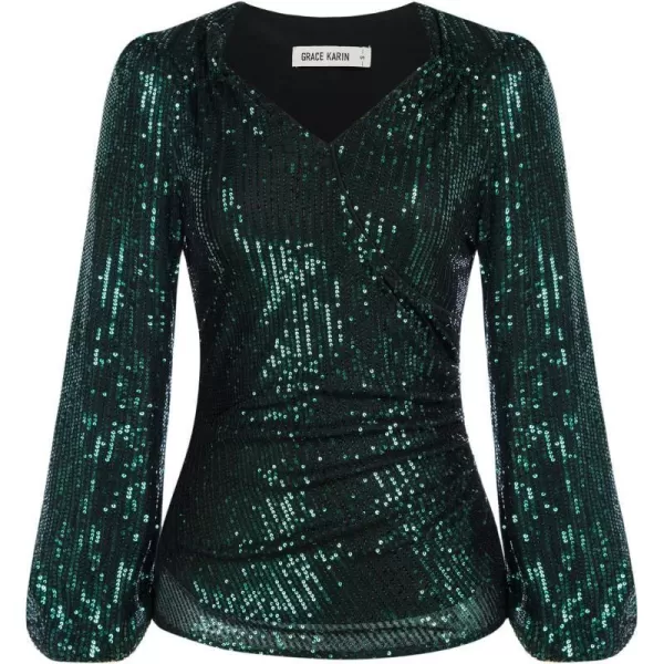 GRACE KARIN Womens Sparkly Sequin Top Long Sleeves Glitter Blouse V Neck Ruched Sparkle Dressy Party Club TopsDark Green