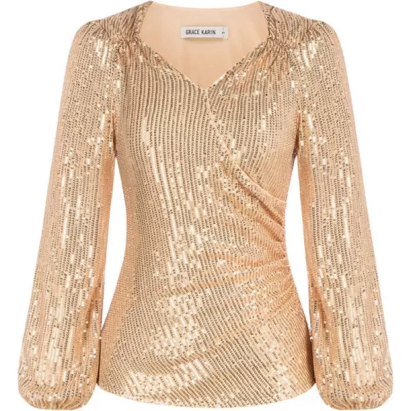 GRACE KARIN Womens Sparkly Sequin Top Long Sleeves Glitter Blouse V Neck Ruched Sparkle Dressy Party Club TopsGold