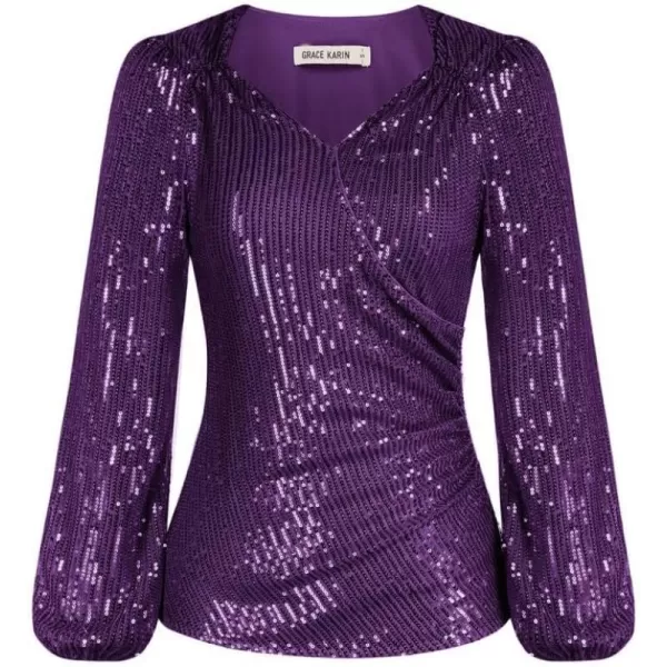 GRACE KARIN Womens Sparkly Sequin Top Long Sleeves Glitter Blouse V Neck Ruched Sparkle Dressy Party Club TopsPurple