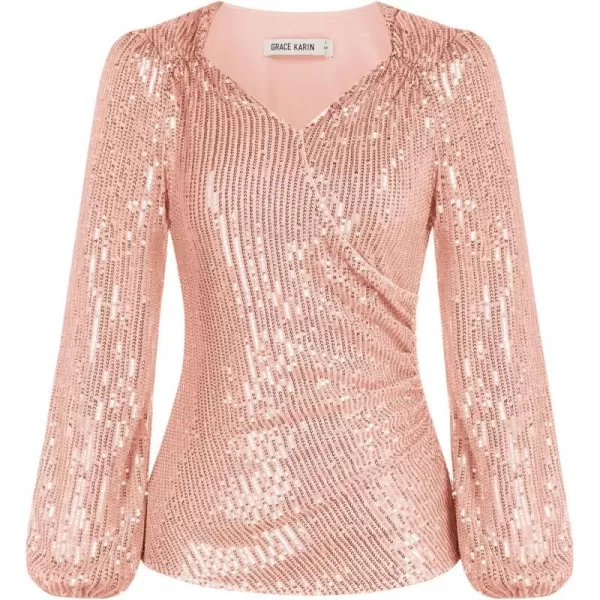 GRACE KARIN Womens Sparkly Sequin Top Long Sleeves Glitter Blouse V Neck Ruched Sparkle Dressy Party Club TopsRose Gold