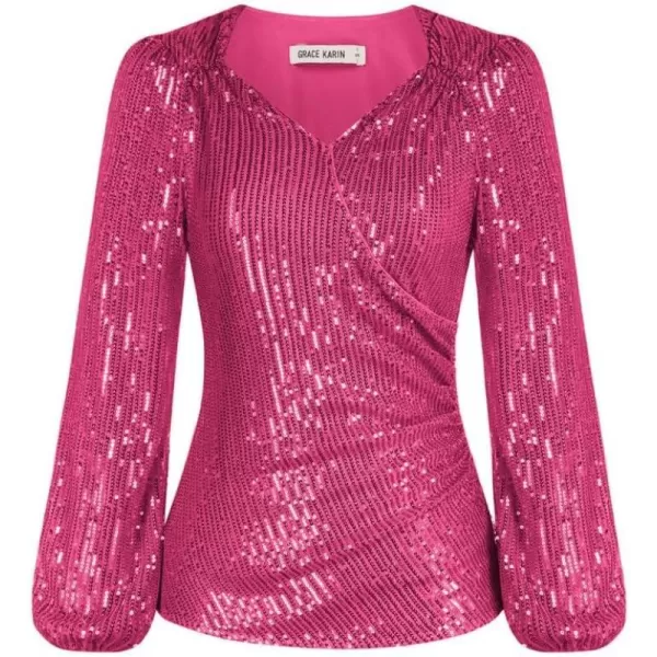 GRACE KARIN Womens Sparkly Sequin Top Long Sleeves Glitter Blouse V Neck Ruched Sparkle Dressy Party Club TopsRose Red