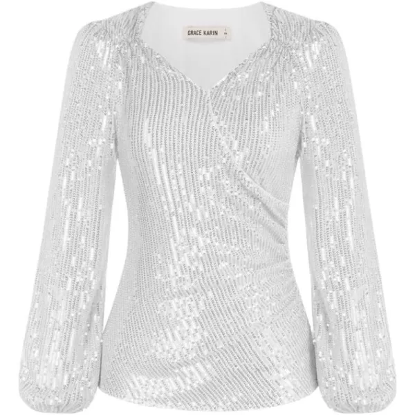 GRACE KARIN Womens Sparkly Sequin Top Long Sleeves Glitter Blouse V Neck Ruched Sparkle Dressy Party Club TopsSilver White