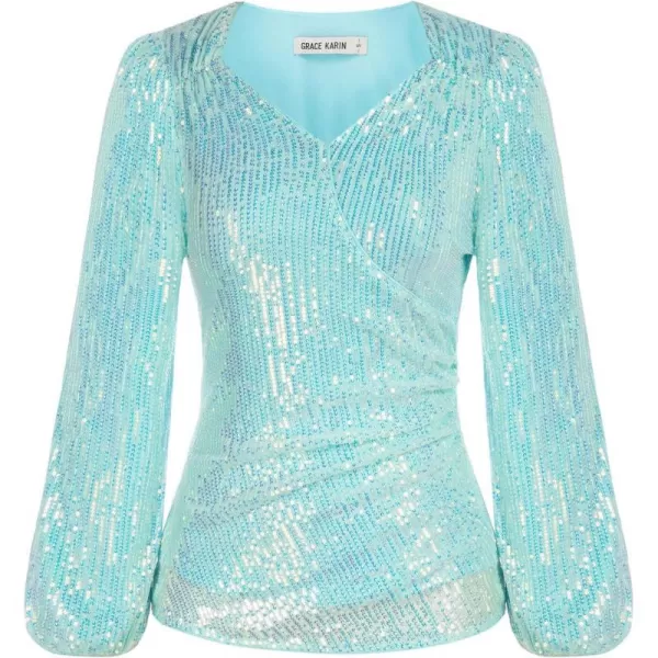 GRACE KARIN Womens Sparkly Sequin Top Long Sleeves Glitter Blouse V Neck Ruched Sparkle Dressy Party Club TopsSky Blue