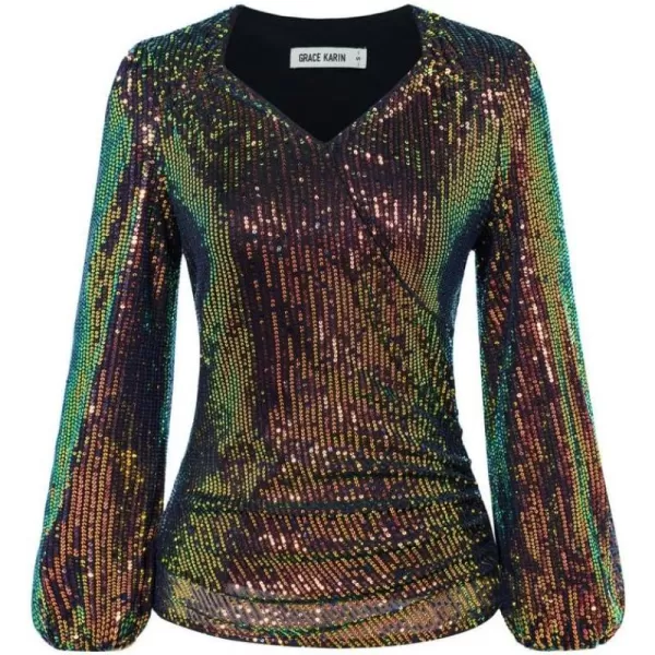 GRACE KARIN Womens Sparkly Sequin Top Long Sleeves Glitter Blouse V Neck Ruched Sparkle Dressy Party Club TopsSymphony Black