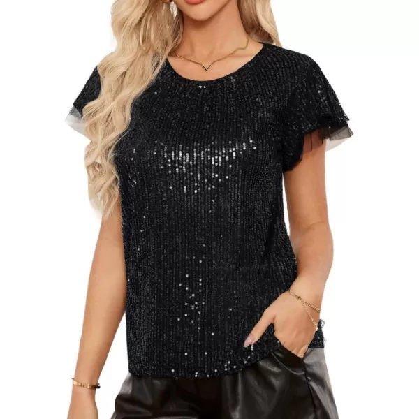 GRACE KARIN Womens Sparkly Sequin Tops Short Sleeve Glitter Dressy Blouses Round Neck Party Club Ruffle Sequins ShirtsBlack