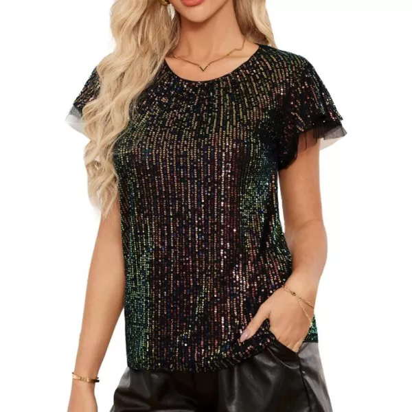 GRACE KARIN Womens Sparkly Sequin Tops Short Sleeve Glitter Dressy Blouses Round Neck Party Club Ruffle Sequins ShirtsGreen