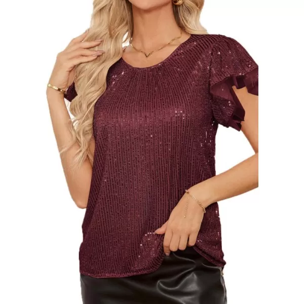 GRACE KARIN Womens Sparkly Sequin Tops Short Sleeve Glitter Dressy Blouses Round Neck Party Club Ruffle Sequins ShirtsWine Red