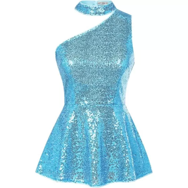 GRACE KARIN Womens Sparkly Sequin Tops Sleeveless Slim Fit Glitter Cocktail Blouse Sparkle One Shoulder Club Party ShirtsBlue