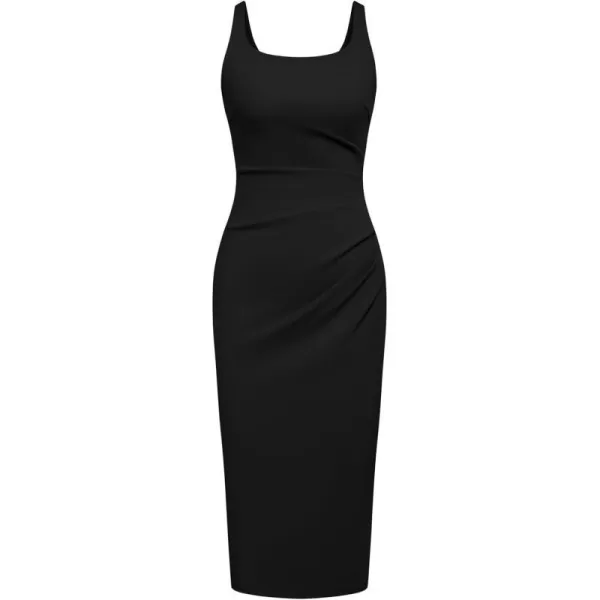 GRACE KARIN Womens Square Neck Bodycon Dress Cusual Sleeveless Tank Top Dress Stretch Ruched Slit Cocktail Midi DressesBlack