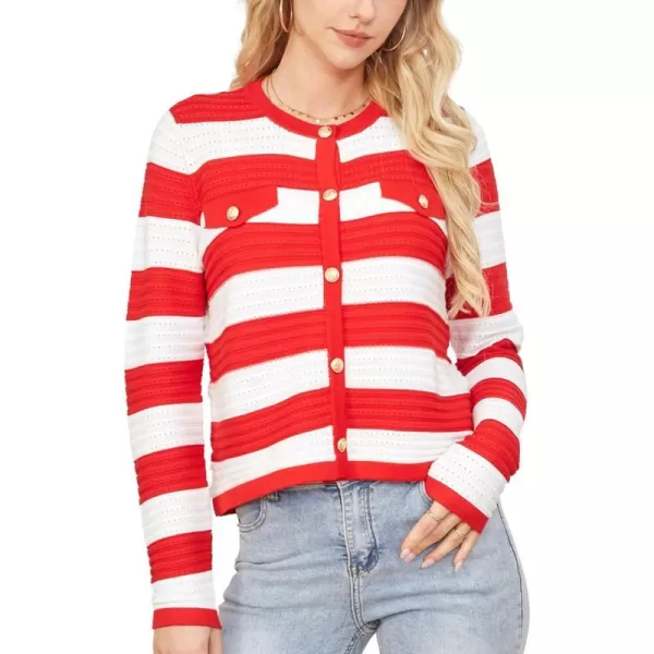 GRACE KARIN Womens Striped Cardigans 2024 Spring Open Front Button Down Knit Sweater Lady OuterwearRed White Stripe